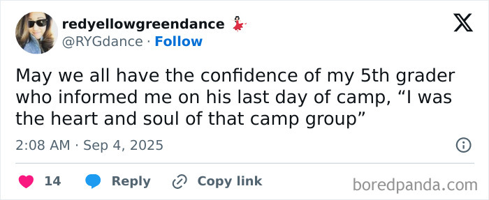 Tweet from a user sharing a funny parenting post about a confident 5th grader’s last day of camp.