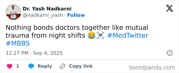 Tweet from doctor about bonding over night shift trauma, highlighting the struggle and humor of working in medicine.