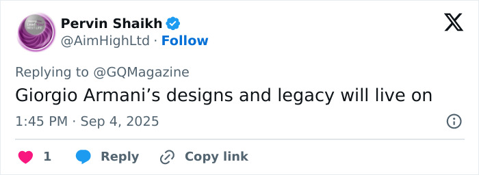 Tweet mentioning legendary fashion designer Giorgio Armani’s designs and legacy, posted on social media in 2025. Tweet mentioning legendary fashion designer Giorgio Armani’s designs and legacy, posted on social media in 2025.