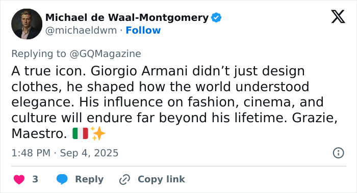 Tweet praising legendary fashion designer Giorgio Armani’s lasting impact on fashion, cinema, and culture. Tweet praising legendary fashion designer Giorgio Armani’s lasting impact on fashion, cinema, and culture.