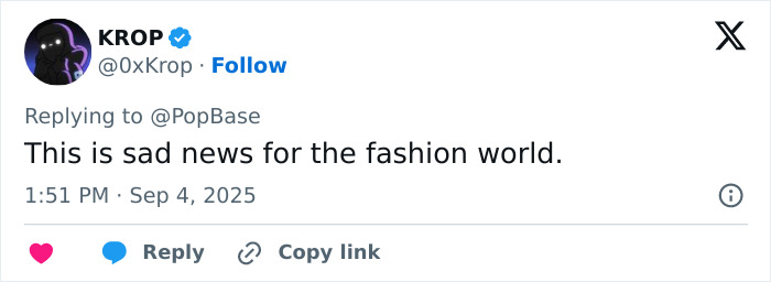 Tweet expressing sadness over the passing of legendary fashion designer Giorgio Armani, impacting the fashion world. Tweet expressing sadness over the passing of legendary fashion designer Giorgio Armani, impacting the fashion world.