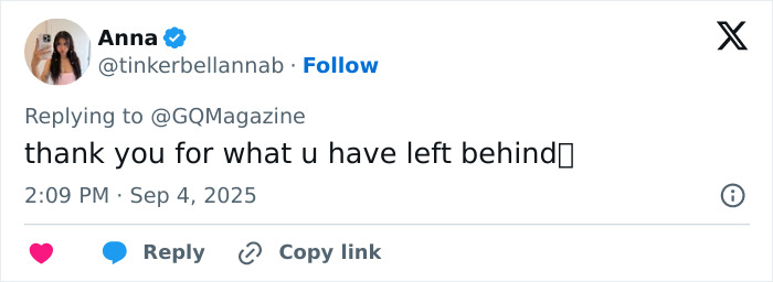 Tweet from a user expressing gratitude for the legacy left by legendary fashion designer Giorgio Armani. Tweet from a user expressing gratitude for the legacy left by legendary fashion designer Giorgio Armani.