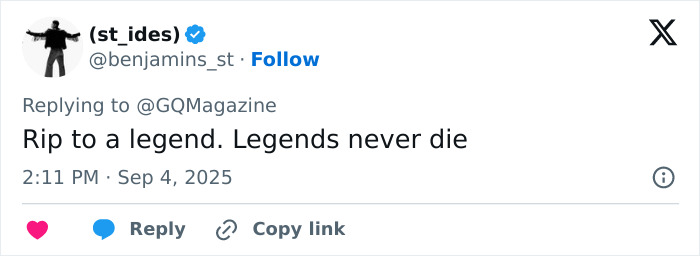 Tweet reading Rip to a legend, legends never die, reflecting on legendary fashion designer Giorgio Armani passing away at 91. Tweet reading Rip to a legend, legends never die, reflecting on legendary fashion designer Giorgio Armani passing away at 91.