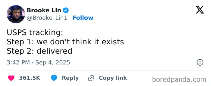 Screenshot of a funny tweet about USPS tracking humor shared in the funniest tweets of September collection.