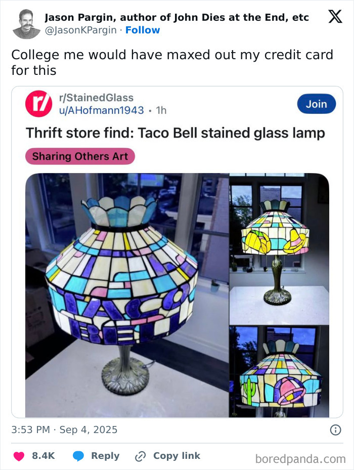 Taco Bell stained glass lamp thrift store find shared in funniest tweets of September that made people laugh.