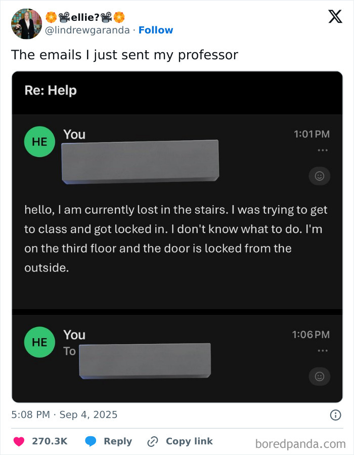 Screenshot of a humorous email exchange where a student tells their professor they're locked on the stairs, featured in funniest tweets.