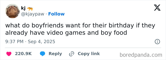 Funny tweet about boyfriends wanting video games and boy food for birthday, part of funniest tweets of September collection.