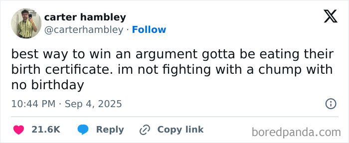 Funny tweet about winning arguments by eating birth certificates, illustrating some of the funniest tweets of September.