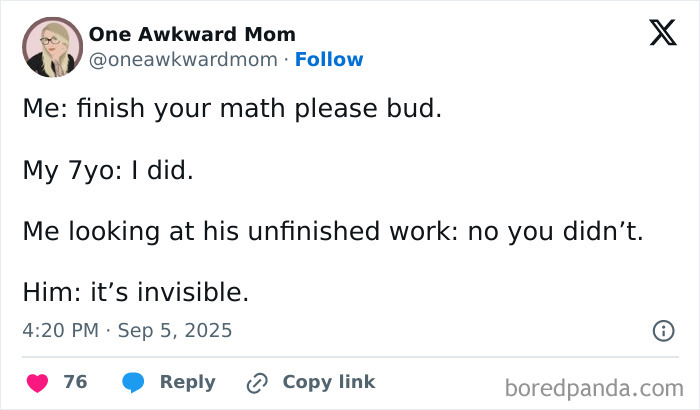 Parenting post with humorous exchange between mom and child about invisible unfinished math work.
