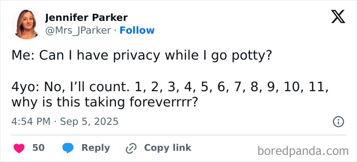 Tweet about parenting humor showing a child counting loudly, related to funny parenting posts for chuckles.