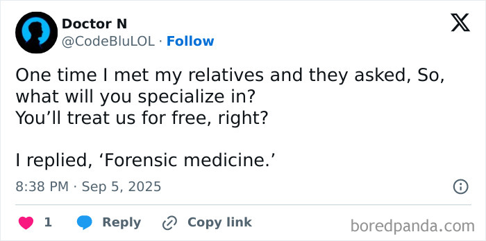 Tweet about relatives asking a medical professional about specialization and free treatment, showing humor in medicine struggles.