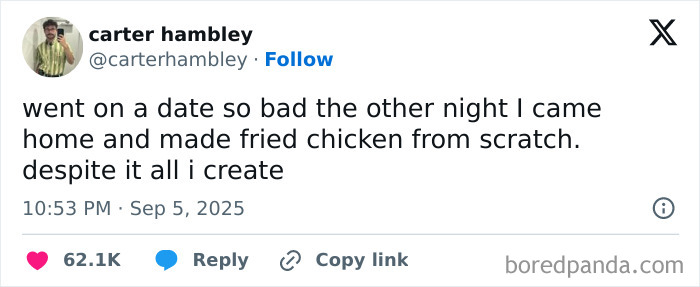 Tweet about a bad date leading to homemade fried chicken, part of funniest tweets of September collection.