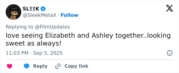 Tweet showing fan admiration for Elizabeth and Ashley, commenting on their sweet appearance during a public moment. Tweet showing fan admiration for Elizabeth and Ashley, commenting on their sweet appearance during a public moment.