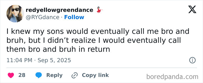 Tweet from a user humorously commenting on calling their sons bro and bruh, related to parenting posts that might make you chuckle.