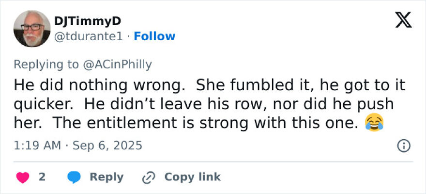 Tweet from DJTimmyD commenting on a home run ball incident linked to Woman Mistaken For Phillies Karen entitlement debate.