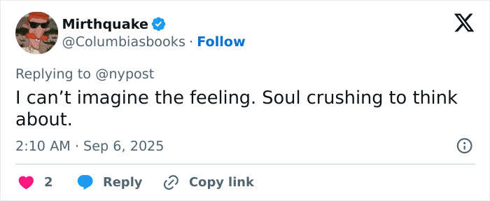 Screenshot of a Twitter reply expressing that the situation is soul-crushing and heartbreaking to think about. Screenshot of a Twitter reply expressing that the situation is soul-crushing and heartbreaking to think about.