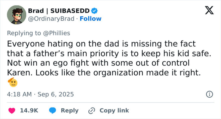 Tweet by user Brad responding to Phillies, discussing a father prioritizing safety over an out of control Phillies Karen incident.