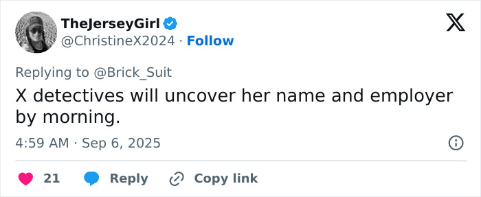 Twitter user TheJerseyGirl replies to a post, mentioning uncovering Phillies Karen's name and employer by morning.