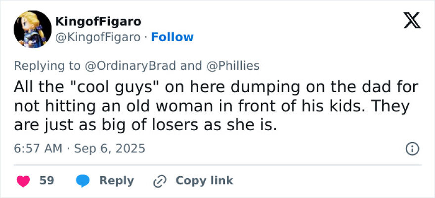 Tweet by user KingofFigaro criticizing those defending a dad over woman mistaken for Phillies Karen during home run ball incident.