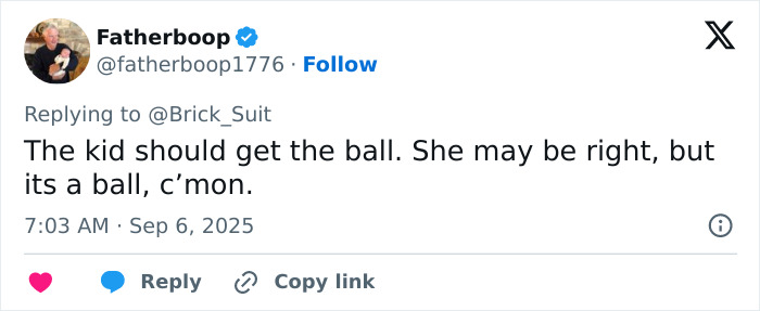 Tweet from user Fatherboop defending birthday boy after Phillies Karen snatches home run ball, sparking outrage online.