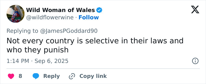 Tweet from Wild Woman of Wales discussing selective laws and punishment, related to a law student jailed for life in Dubai. Tweet from Wild Woman of Wales discussing selective laws and punishment, related to a law student jailed for life in Dubai.