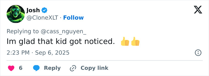 Tweet from user Josh expressing gladness that the boy who lost home run ball got noticed with thumbs up emojis.