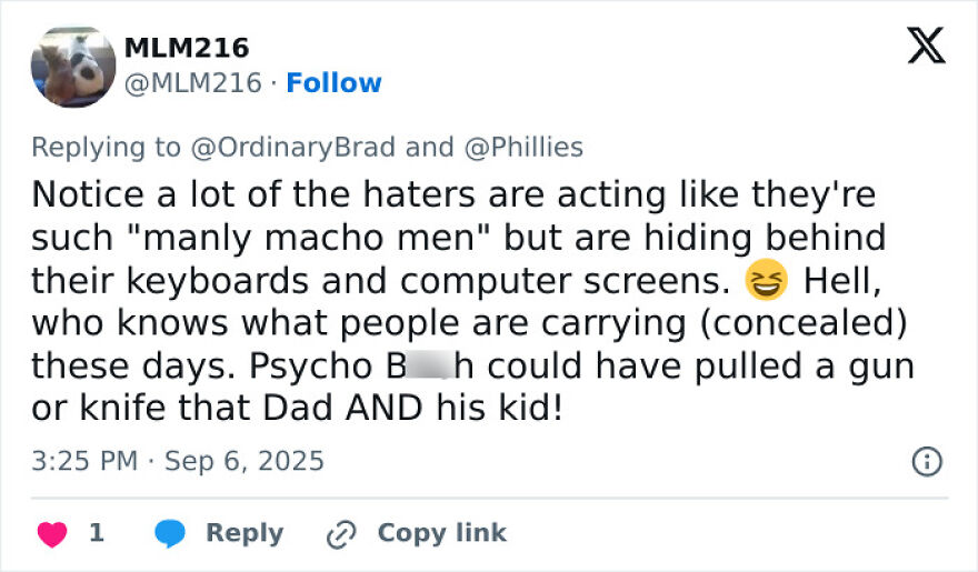 Tweet discussing backlash and threats related to the woman mistaken for Phillies Karen after home run ball meltdown.