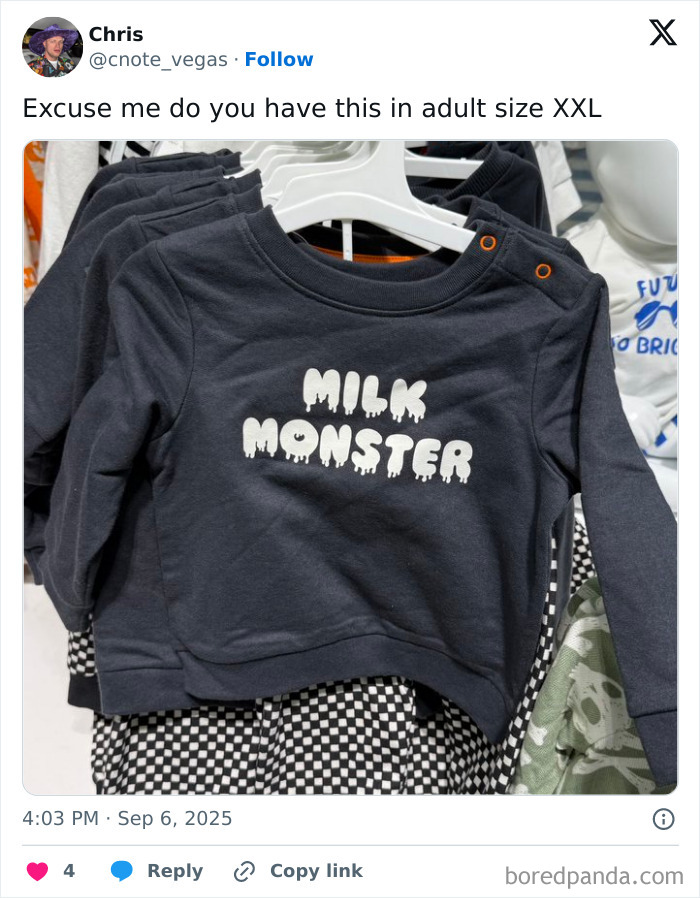 Funny tweet showing a black toddler shirt with the words Milk Monster, part of the funniest tweets collection.