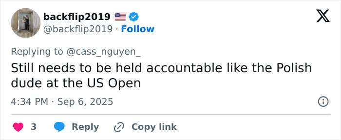 Tweet by user backflip2019 about accountability at the US Open, referencing a Polish individual in a social media reply.