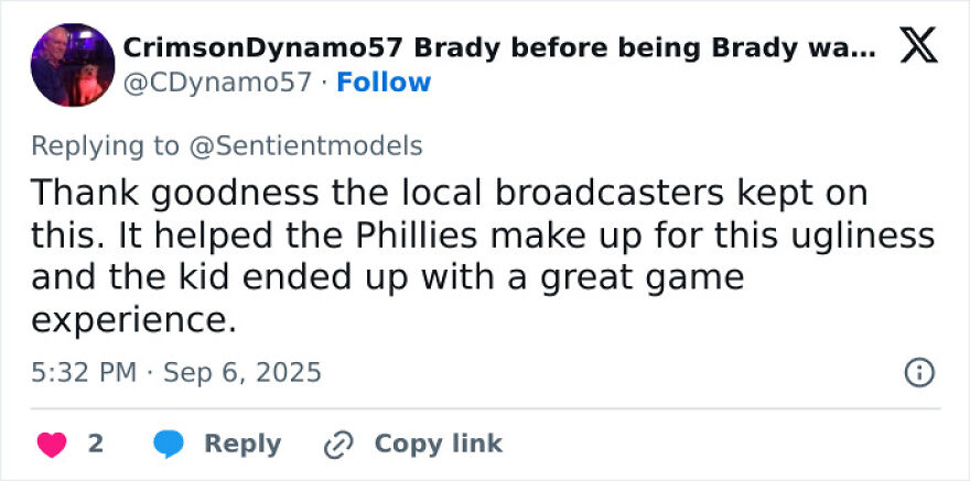 Tweet about Phillies Karen controversy, mentioning local broadcasters and a positive game experience for a kid.