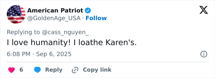Tweet from American Patriot expressing opinion about Karen involved in home run ball incident on social media platform.