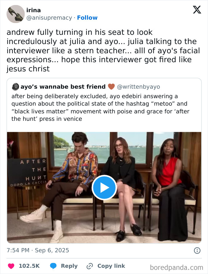 Andrew Garfield and Julia Roberts sit united, showing disgust after Ayo Edebiri interview snub during press event.