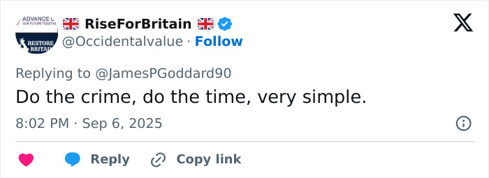 Tweet from RiseForBritain account stating Do the crime, do the time in a discussion about jailed law student and GoFundMe cancellation Tweet from RiseForBritain account stating Do the crime, do the time in a discussion about jailed law student and GoFundMe cancellation