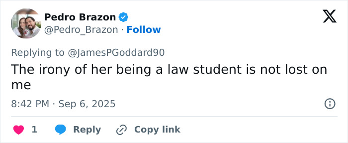 Tweet from Pedro Brazon commenting on the irony of her being a law student in relation to Dubai jail case. Tweet from Pedro Brazon commenting on the irony of her being a law student in relation to Dubai jail case.