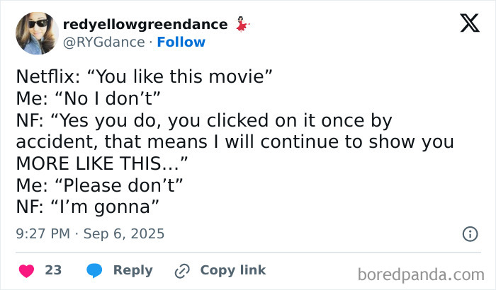 Screenshot of a funniest tweet about Netflix showing unwanted movie recommendations, part of funniest tweets of September collection.