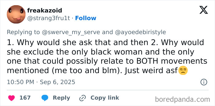 Screenshot of a tweet responding to Ayo Edebiri interview snub, discussing exclusion and reactions from Andrew Garfield and Julia Roberts.