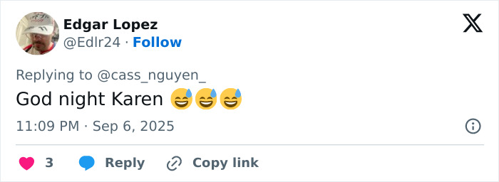 Tweet from Edgar Lopez reacting to Karen with laughing emojis, referencing company offering $5K to Karen who snatched home run ball.