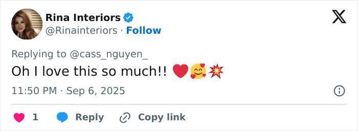 Tweet from verified user Rina Interiors expressing love with heart and hugging face emojis, dated September 6, 2025.