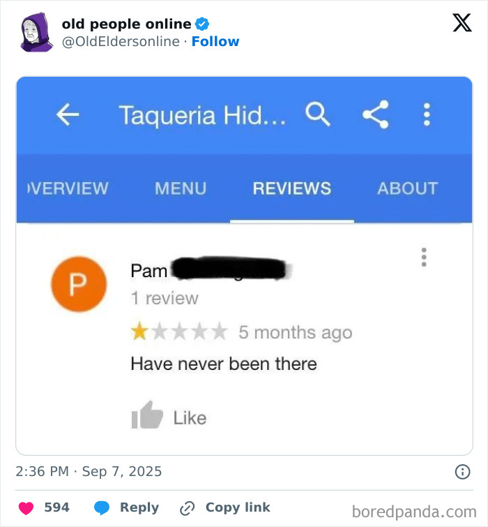 Screenshot of an older person's online review misunderstanding technology with a one-star rating but no experience.