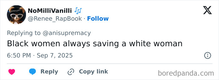 Tweet from NoMilliVanilli criticizing race dynamics, posted September 7, 2025, relevant to Andrew Garfield and Julia Roberts interview snub.