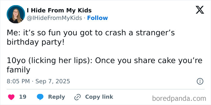 Tweet about parenting humor featuring a kid’s funny quote on sharing cake and family bonds.