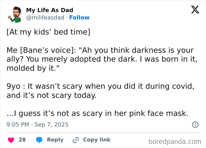 Parenting post sharing a humorous bedtime conversation referencing Bane's voice and kids' fear during COVID.