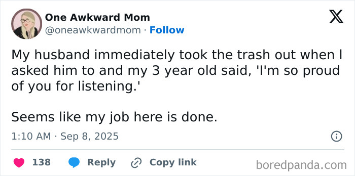 Parenting post showing a humorous tweet about a toddler praising dad for taking out the trash promptly.