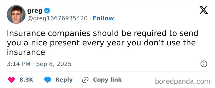 Tweet by greg humorously suggesting insurance companies should send gifts annually if you don’t use the insurance, highlighting funniest tweets.