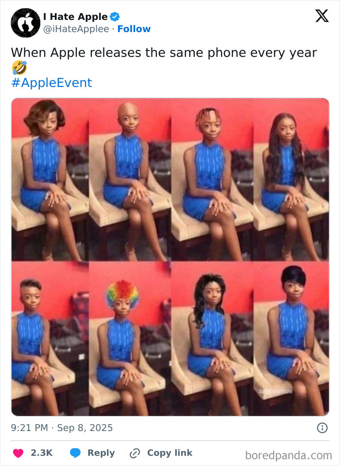 Meme showing a woman in a blue dress with different hairstyles roasting Apple's new iPhone launch.