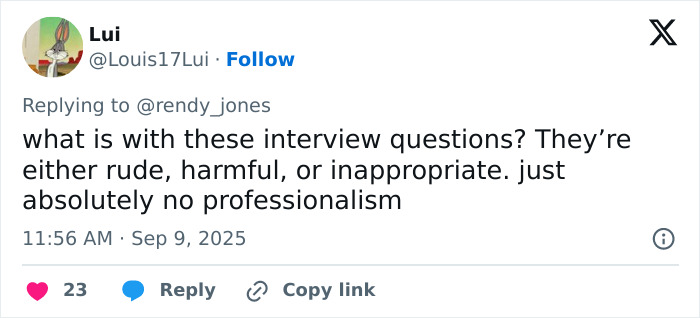 Twitter comment criticizing inappropriate interview questions, highlighting lack of professionalism and fans praising Chase Infiniti&rsquo;s response.