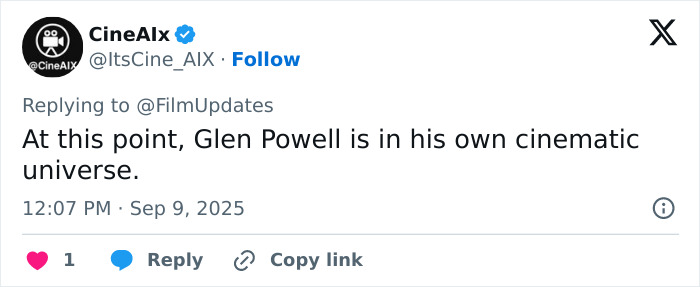 Comment about Glen Powell’s jaw-dropping GQ shoot emphasizing his presence in a cinematic universe on social media. Comment about Glen Powell’s jaw-dropping GQ shoot emphasizing his presence in a cinematic universe on social media.