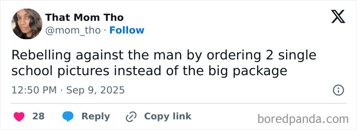 Screenshot of a humorous parenting post on social media about ordering school pictures, related to parenting posts that chuckle.