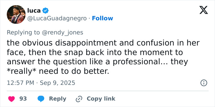 Tweet screenshot showing user luca praising Chase Infiniti&rsquo;s professional response to a reporter&rsquo;s creepy daddy question about Leonardo DiCaprio.