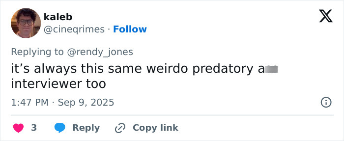 Screenshot of a social media reply criticizing a reporter&rsquo;s creepy question about Leonardo DiCaprio, fans praise Chase Infiniti.